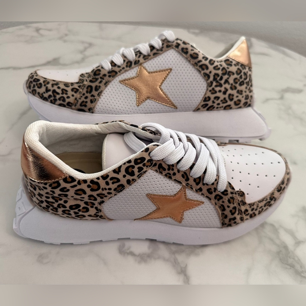 Leopard Print Sneakers with Gold Star Detail Trendy Casual Fashion Shoes Size 10 - Picture 2 of 10